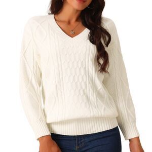 V Neck Long Sleeve Casual Loose Chunky Warm Pullover Sweater Top Beige